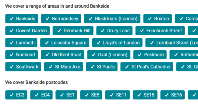 A list of local postcodes and areas